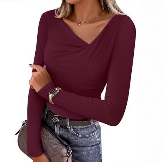 

Women s Beige Deep V Neck Long Sleeve One Shoulder Draped Detail Top XXL бордовий