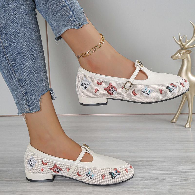 Fashion 2025 Low Heel Single Shoes Women's Fashion Round Toe Shallow Mouth Embroidered One Strap Anti-Slip Wear-Resistant Low Top Shoes