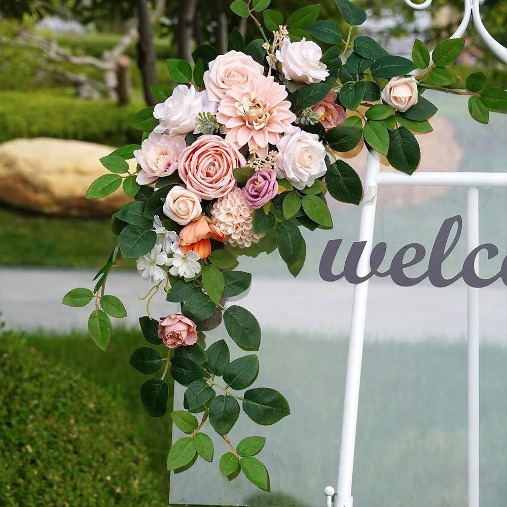 2Pcs Outdoor Wedding Simulation Rose Green Plant Welcome Corner Flower Decoration Set for Outdoor Patio Garden Home Wedding Holiday Party Decoration