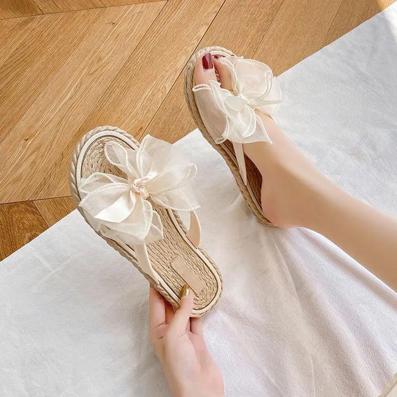 Fashion Slides Open Toe Bow Flip Flops Women's Slippers and Ladies Sandals Outside Shoes on Beach 2024 Flat Pvc 39 Promotion Top Designs