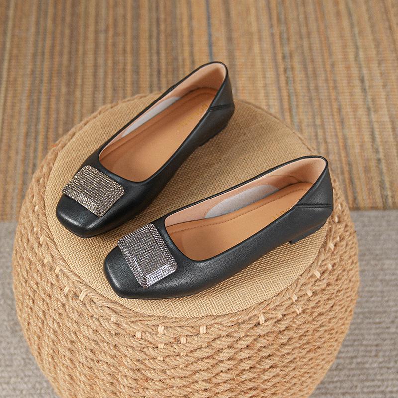 Women's Genuine Leather Flat Shoes - French Low-Cut Square Toe, Soft Sole, Plus Size 41-43, 2025 New Evening Breeze