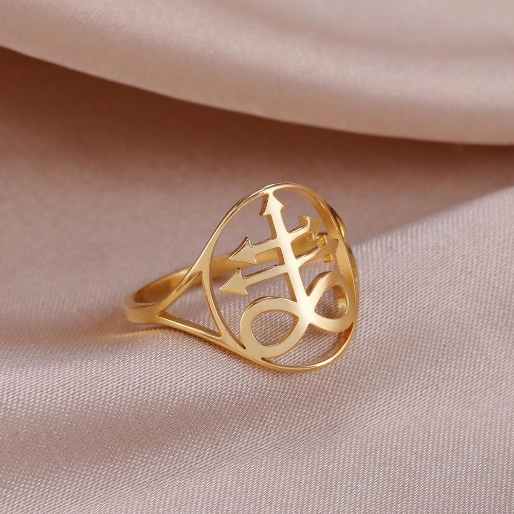 Dawapara Leviathan Cross Ring Stainless Steel Church Seal of Lucifer Alchemical Symbol Gothic Jewelry