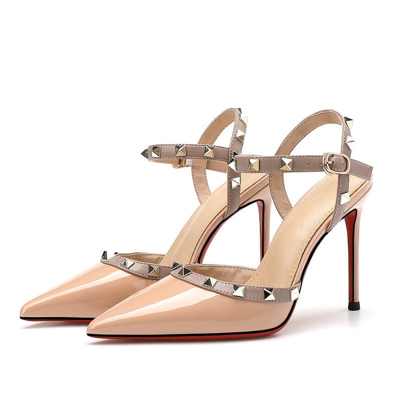 Patent Leather Rivet High Heels, Glossy Shallow Rivet Strap High Heels Thin Heel Pointed Rivet High Heels