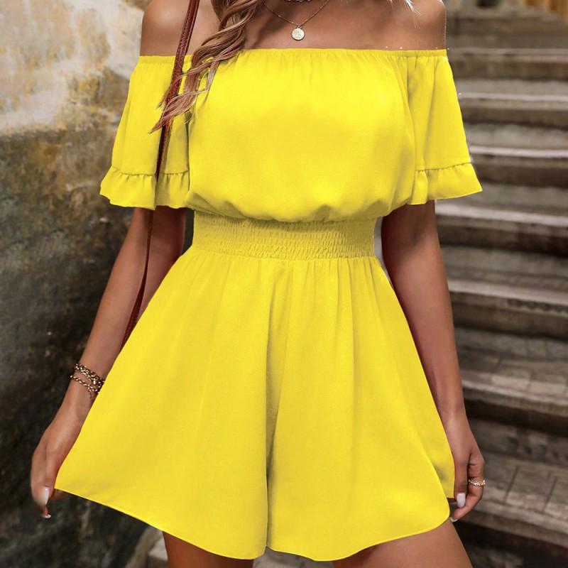 Womens 2025 Off-Shoulder Jumpsuit With Ruffle Detail Mid-Waist Straight Leg Crop Pants Lightweight Sweet Style