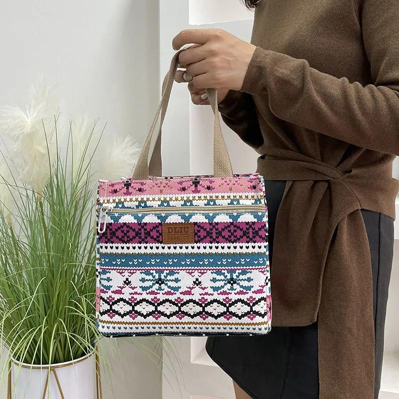 WTEMPO Canvas Lunch Box Handbags Aluminum Foil Insulated Work Hand-carried Lunch Bag Ethnic Style Retro Mommy Bags