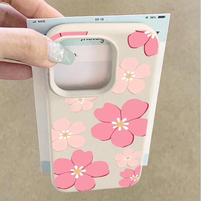 Fresh Style Cherry Blossom Pattern Case For iPhone 17 Pro Max Leather Texture Soft Silicone Cover For iPhone 16 15 14 13 Pro 12 11 16E Air