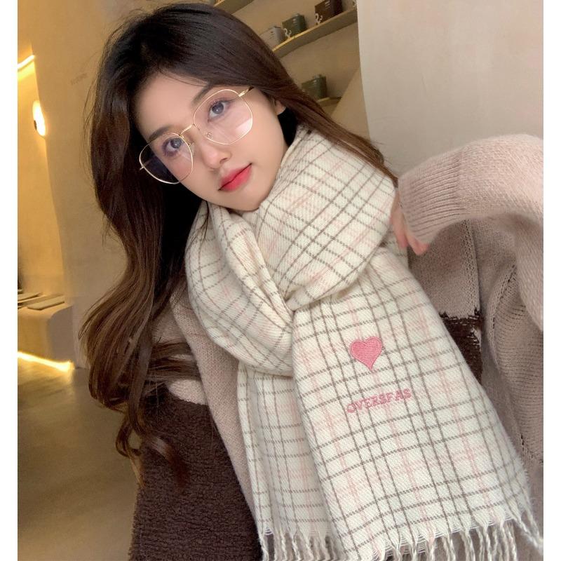Love Beige Plaid Scarf Women's Autumn and Winter New Korean Style Student Imitation Cashmere Shawl Two Purpose Scarf