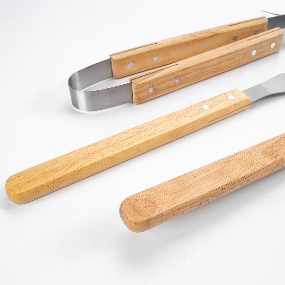 Stainless Steel BBQ Tools Set 3Pcs Oak Handle Fork Spatula Tongs Outdoor Grilling Accessories