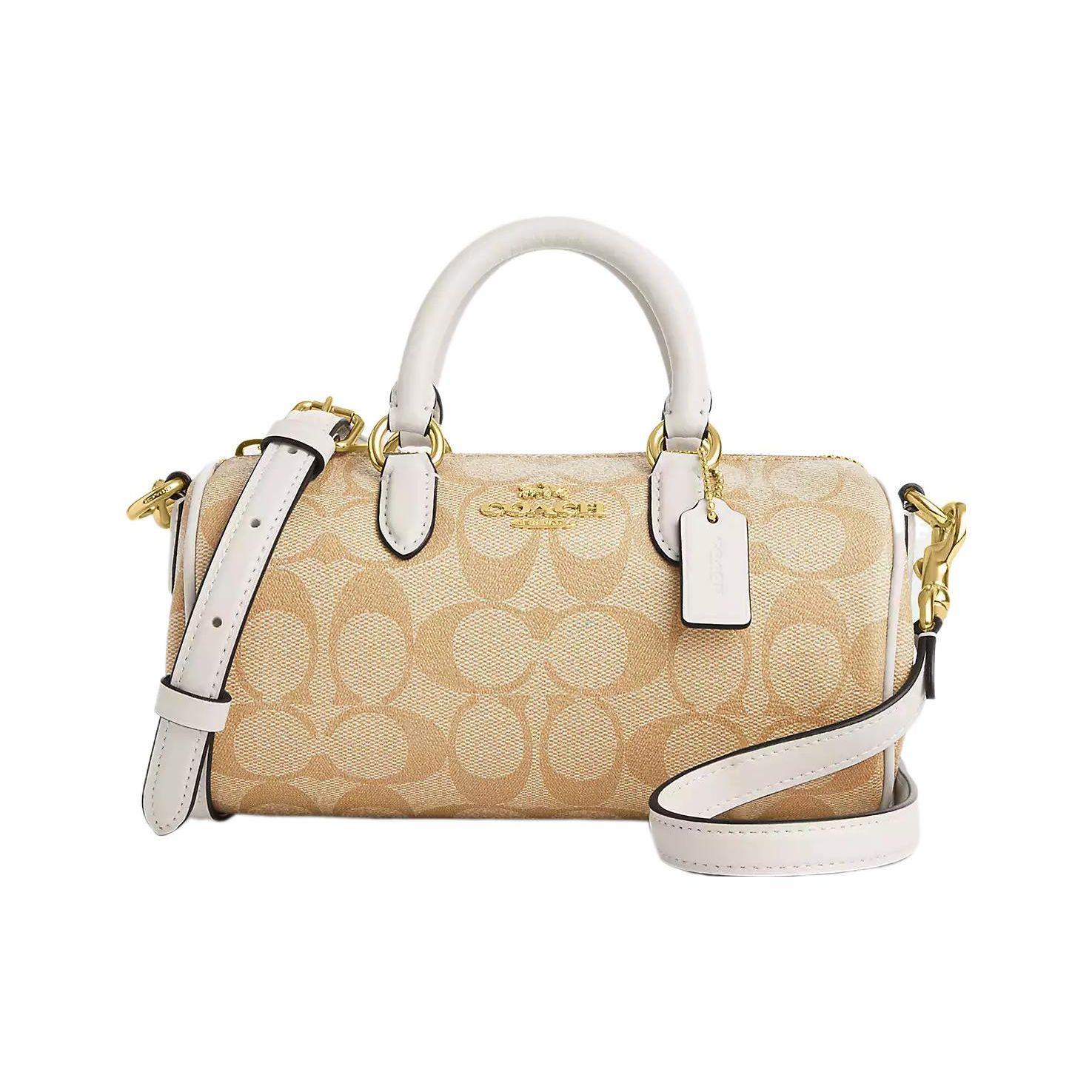 Coach Signature Canvas Leather Mini Rowan Barrel Satchel Bag In Beige For Women Daily Use Basic Set (Bag+Dust Bag)