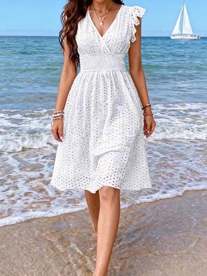 2026 Elegant V-neck Sleeveless Summer Dress for Women - European & American Style Vacation Wear