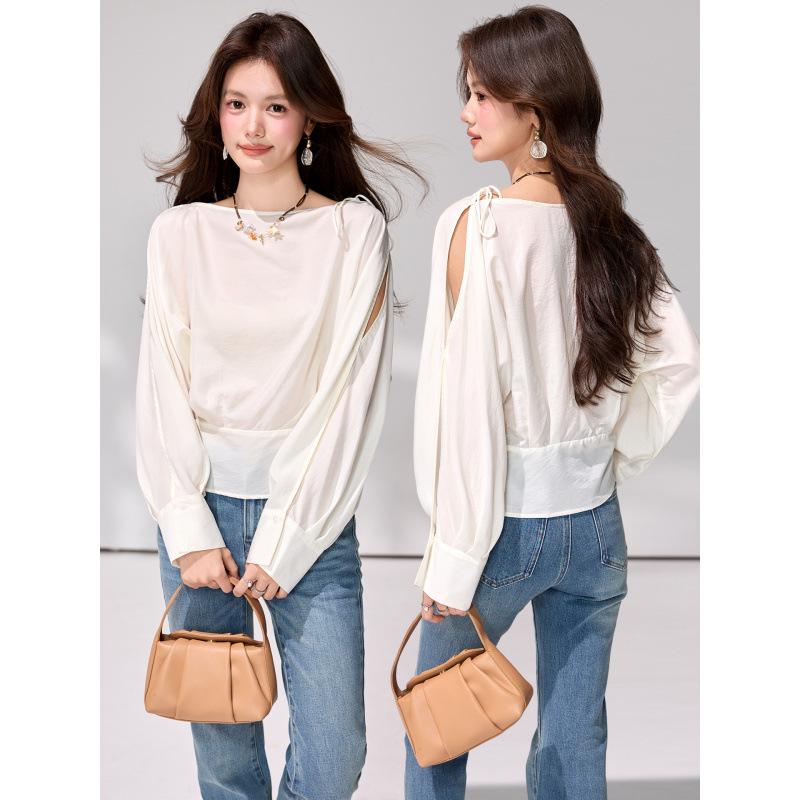 

2026 Spring Off-Shoulder Long-Sleeve Tie-Up Shirt for Women: Loose Waist-Cinched Top L абрикосовый