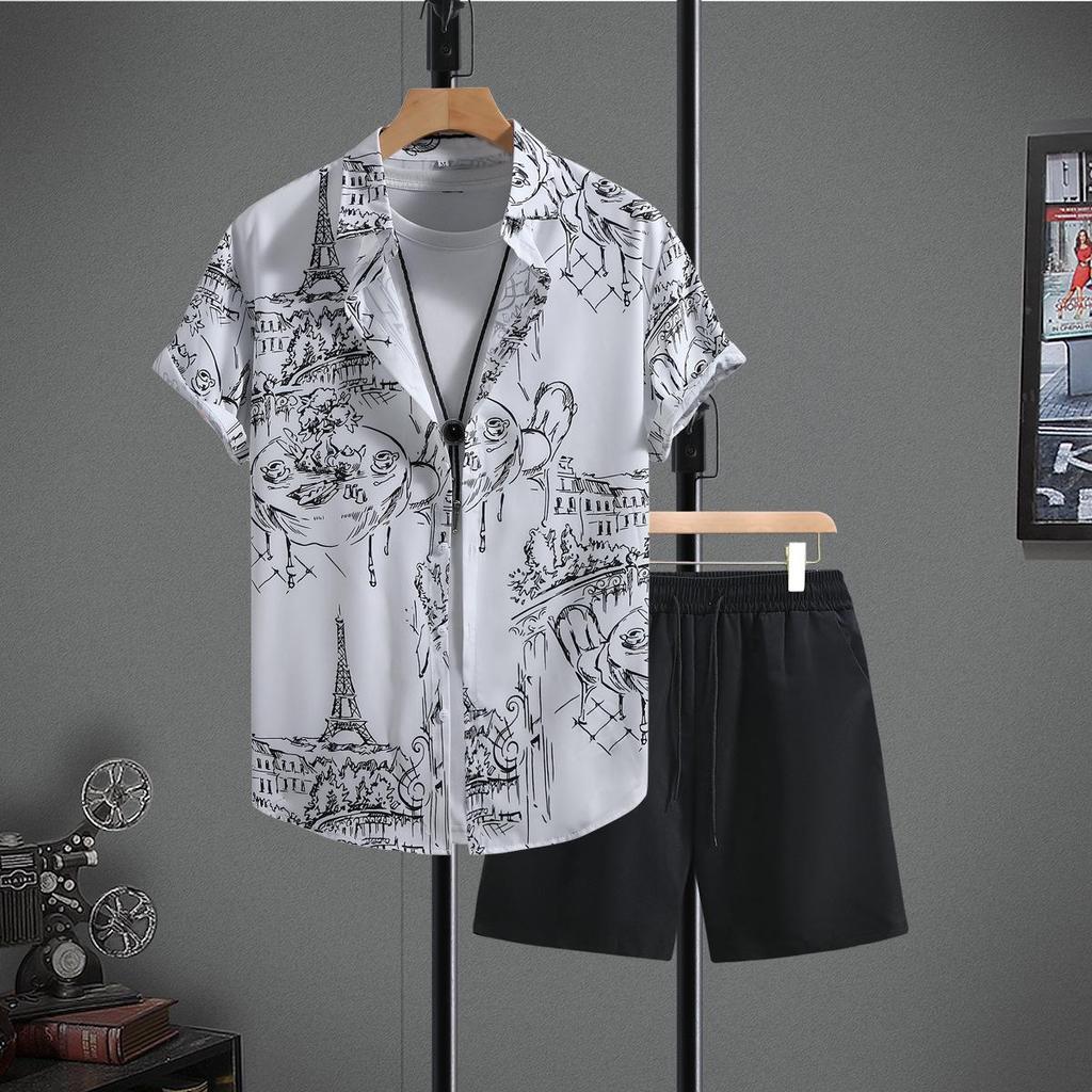 Men's Casual Black & White Graffiti Print Short Sleeve Shirt & Shorts Set - Summer 2025 Style
