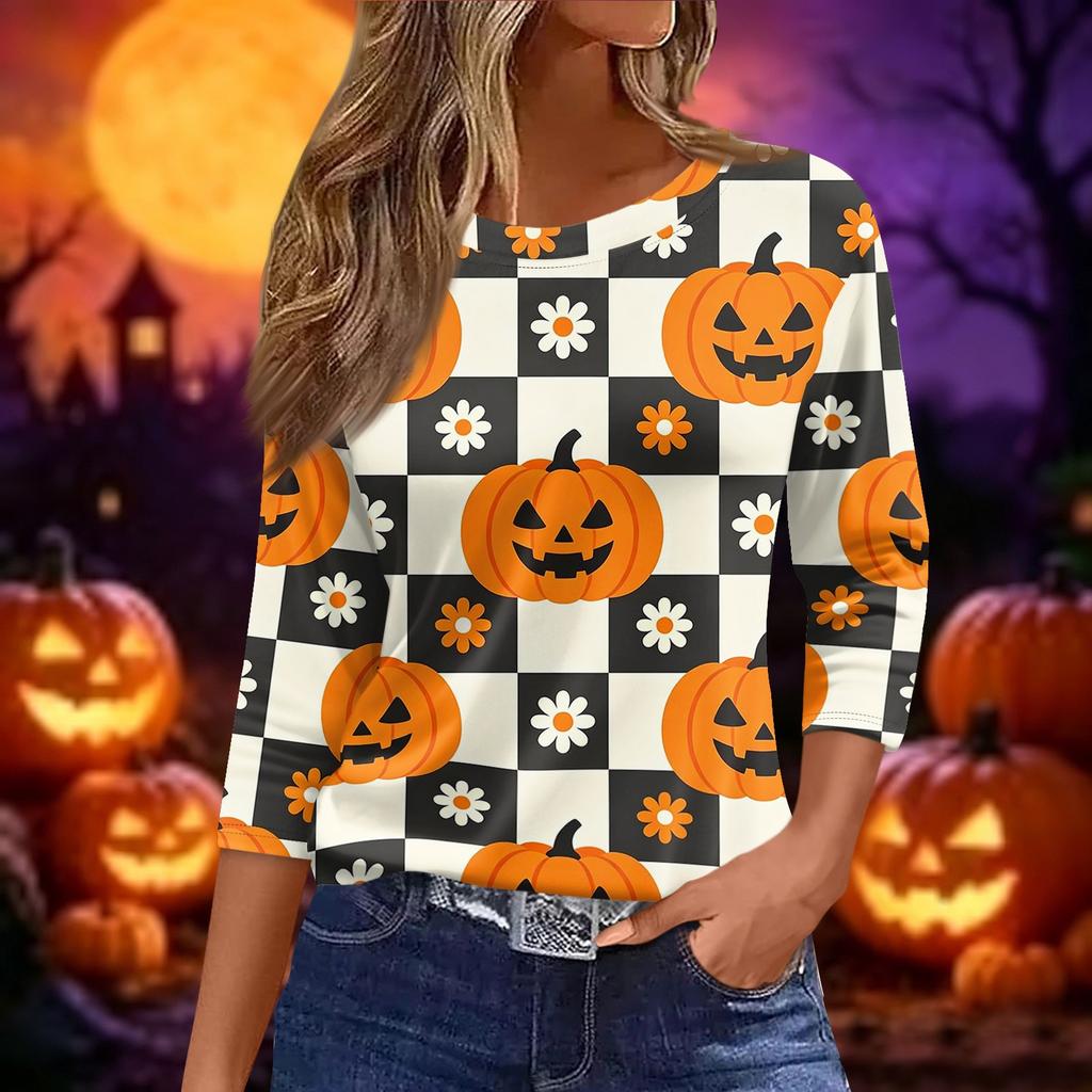 Women's Halloween Print 3/4 Sleeve Loose Fit Casual Round Neck Shirt Pumpkin Candy Pattern Top for Fall Seasonal Wear