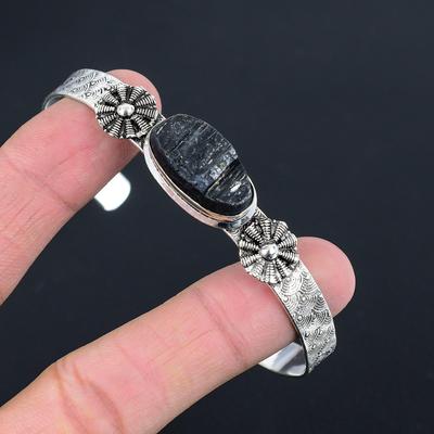 Sisters Day Sale Black Tourmaline Rough Stone Bangle Bracelet Sterling Silver