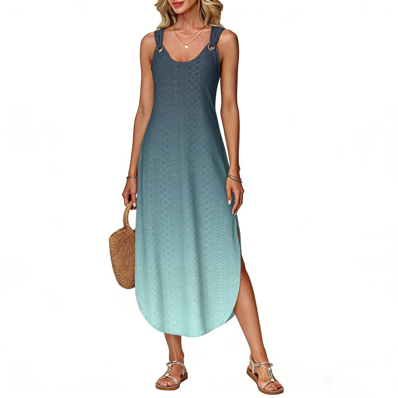 

Women s summer long dress, sleeveless with side slits, long gradient vest dress S ціан