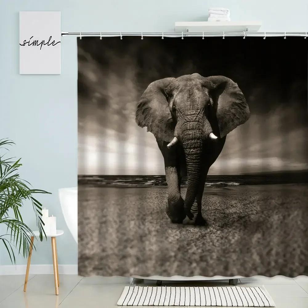 Elephant Shower Curtain Africa Wildlife Forest Natural Scenery Home Bathroom Wall Decor With Hook Waterproof Polyester Screen