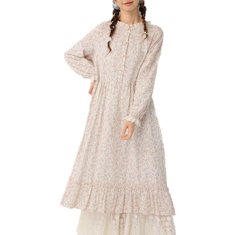 Spring Women's Mori Style Floral Cotton Linen Long Dress with Ruffle Patchwork