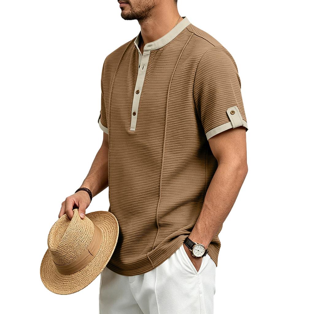 Mens American Retro Textured Henley Short Sleeve Casual Loose Vacation Commuter T Shirt