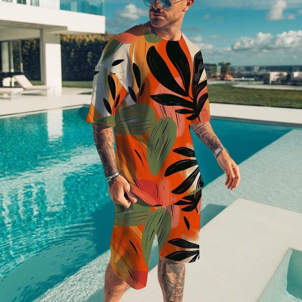 

Мужской гавайский комплект, футболка, пляжные брюки, костюм, повседневный, стильный, мужской, с коротким рукавом, для отдыха на природе, мужские футболки, короткий комплект из двух предметов 6XL