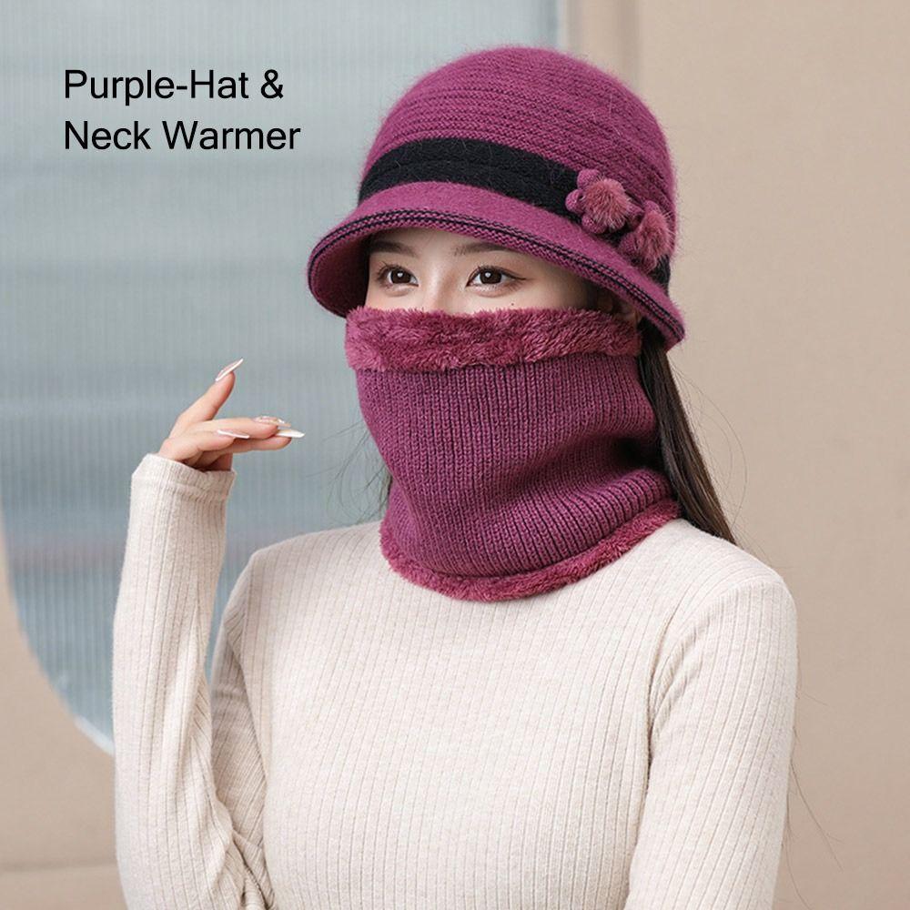 Outdoor Elderly Middle Aged Winter Beanie Hat Scarf Fleece Lining Warm Knit Bucket Hat Windproof Hat Scarf Set for Women