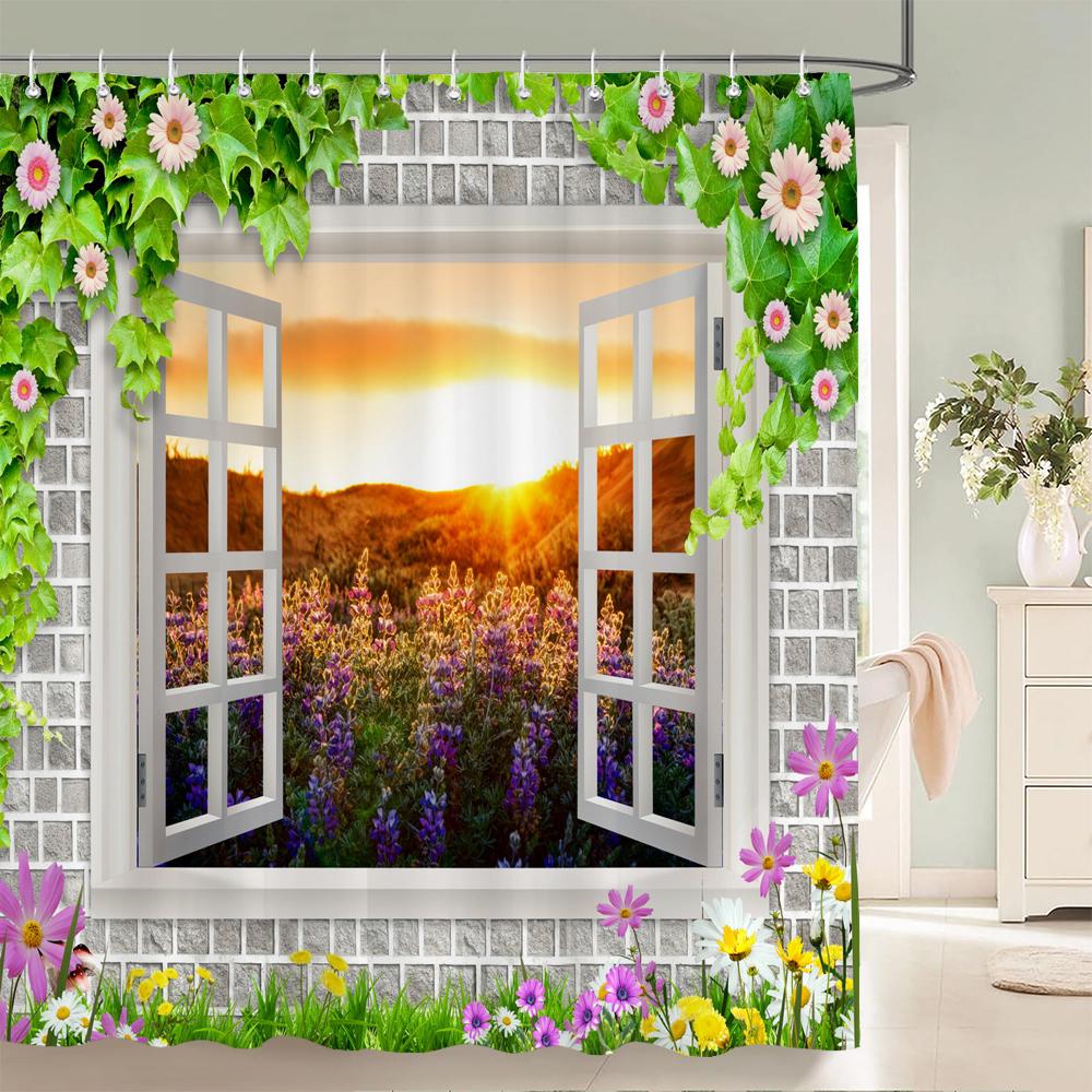 Flower Scenery In Rural Towns Printed Shower Curtain 3D Street Window Flower Landscape Printed Home Decoration Bathroom Curtain