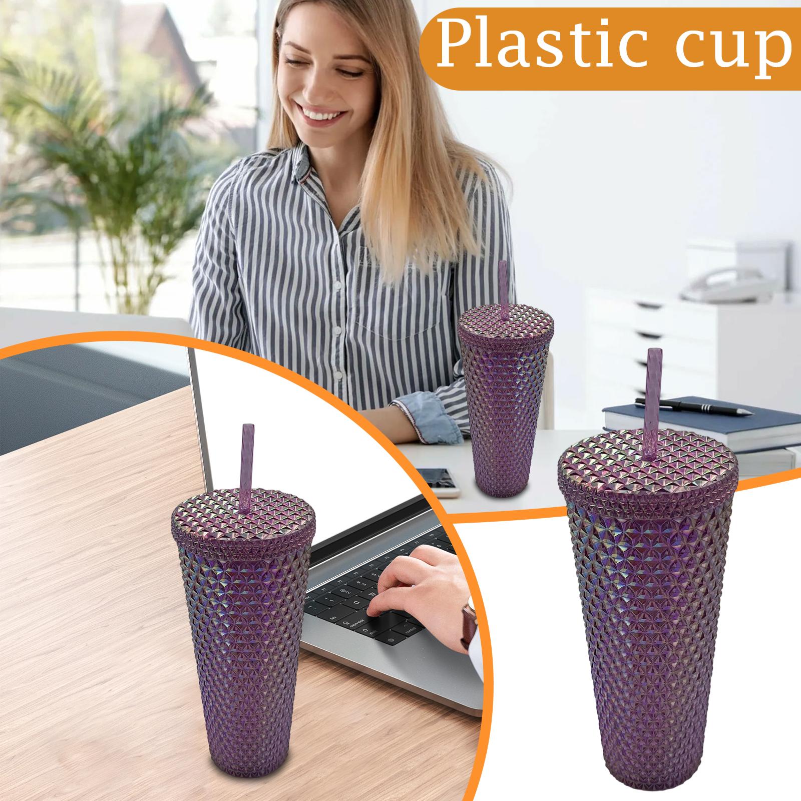 

Double Wall Insulated Textured Tumbler with Straw Reusable Drink Cup Spill Resistant Lid Durable Plastic Material for Cold and Hot Beverages One Size рожевий