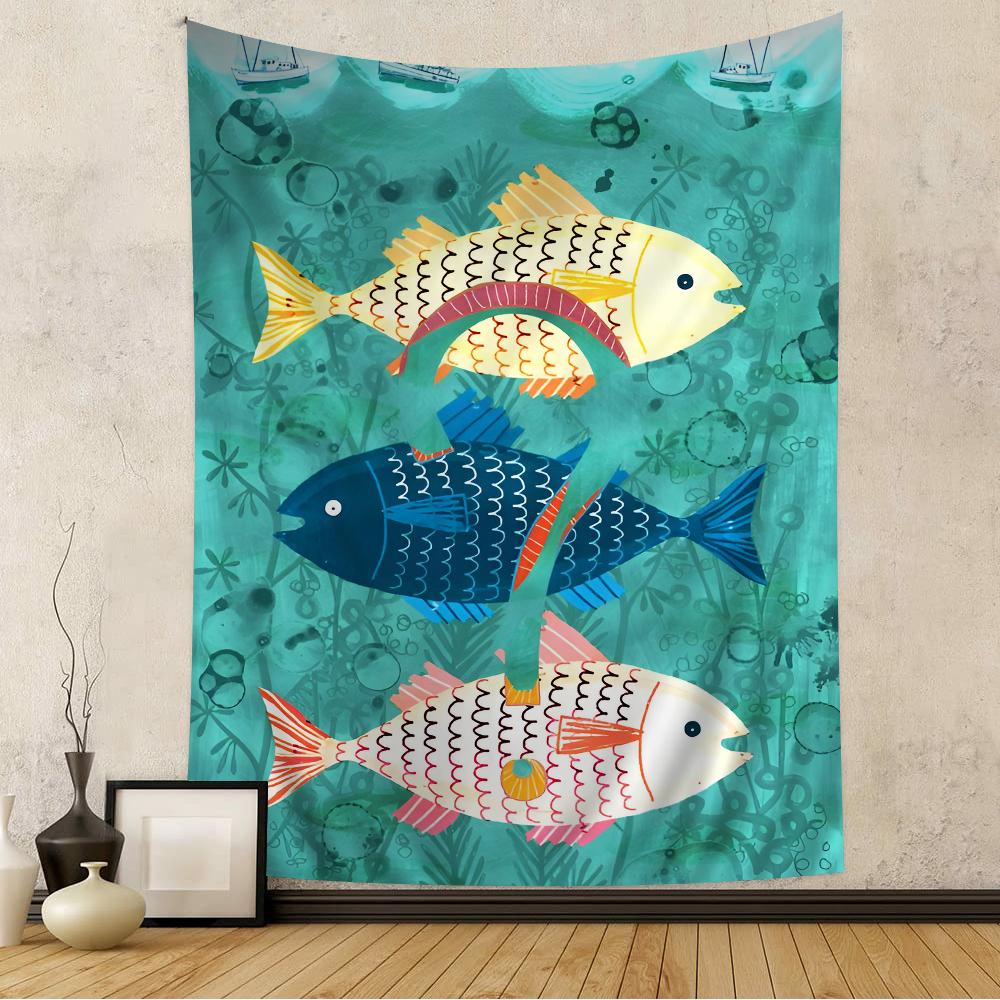 VIKAMA Summer Ocean Art Tapestry Scandinavian Style Fish Images Living Room Sofa Background Wall Modern Minimalist Decoration