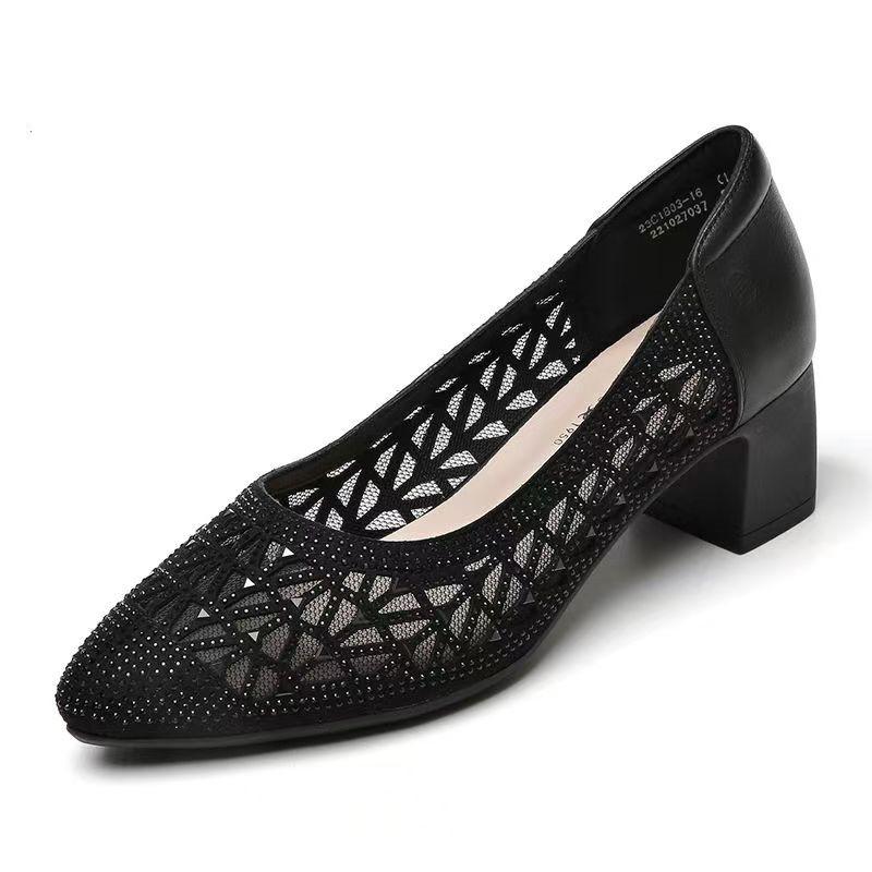 Spliced Mesh Breathable Rhinestone Heels Autumn New Round Toe Shallow Mouth Cover Foot Non-Slip Wear-Resistant Single Shoes