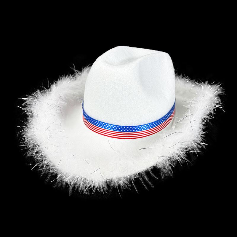 White Star Accented Frayed Denim Hat With Us Flag Ribbon For Celebrations And Party Events