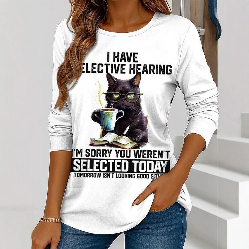 Herbst und Winter Damen Katze 3D-Druck Rundhals Langarm T-Shirt