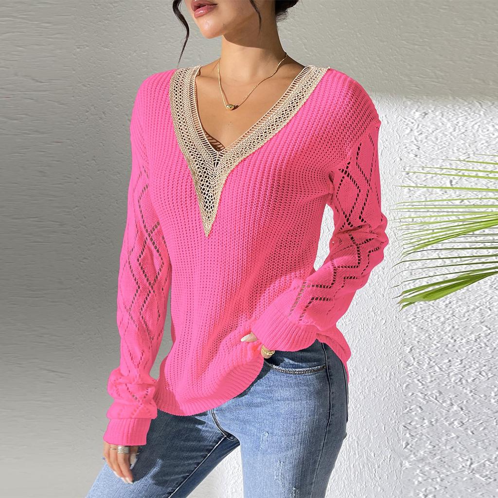 Modă Femei Casual Culoare Solidă Dantelă Decolteu în V Patchwork Mânecă Lungă Pulover Casual Fund Pulover Top