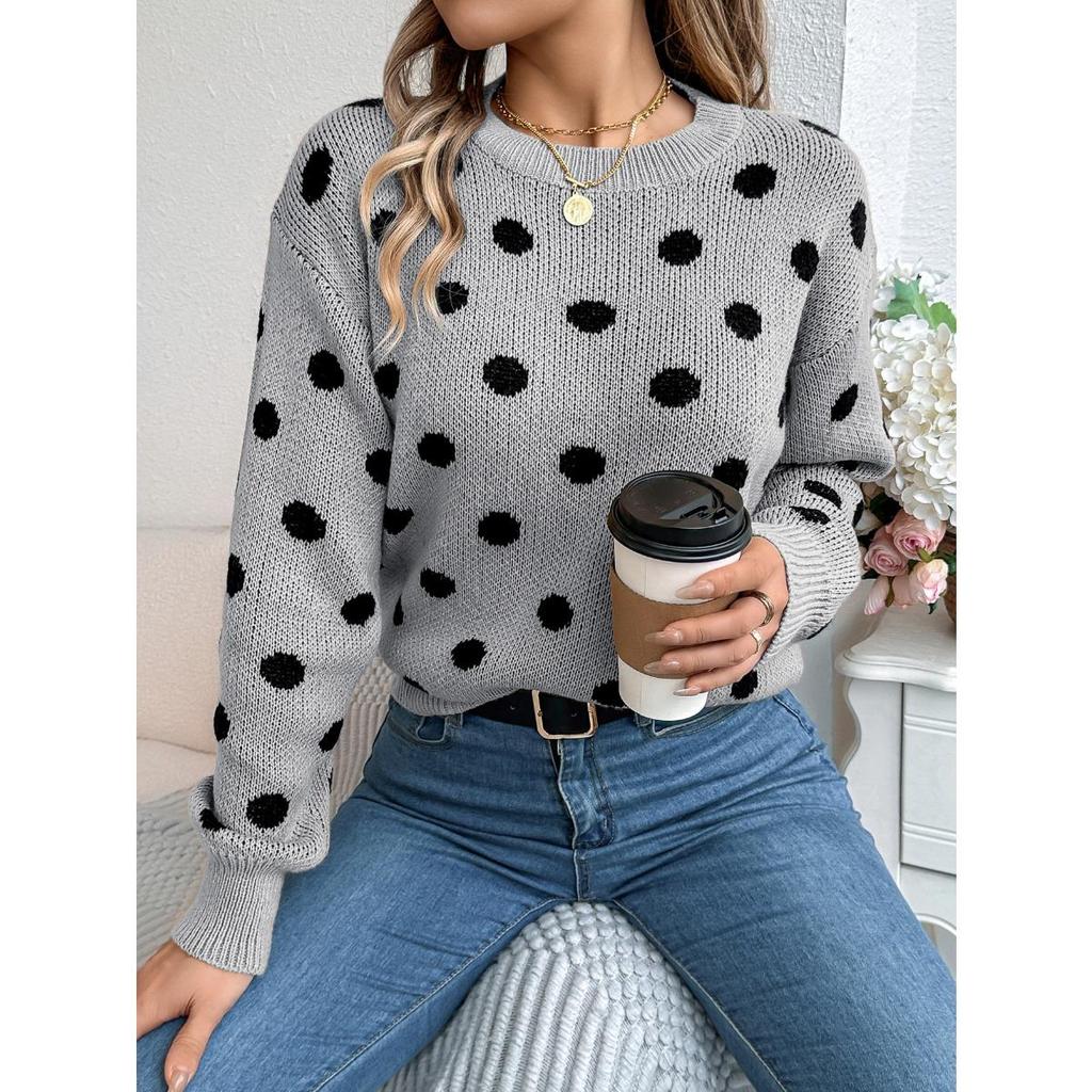 Autumn Winter Casual Color Block Polka Dot Long Sleeve Pullover Sweater Women's Fashion
