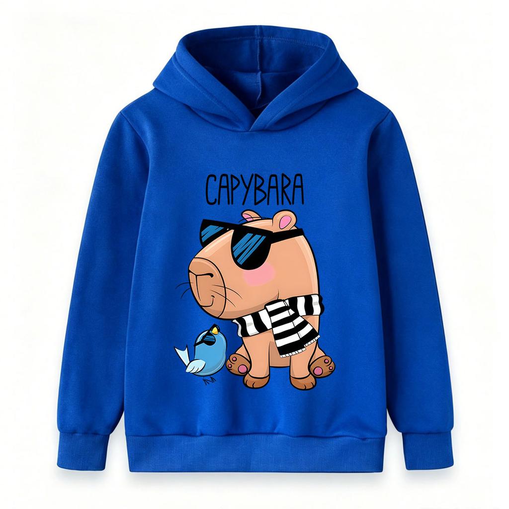 Kids Boys Girls Pullover Hoodie, Cool Capybara Wearing Sunglasses Print Casual Hooded Sweatshirt, Cute Blue Bird Pattern Soft Warm Lightweight Top