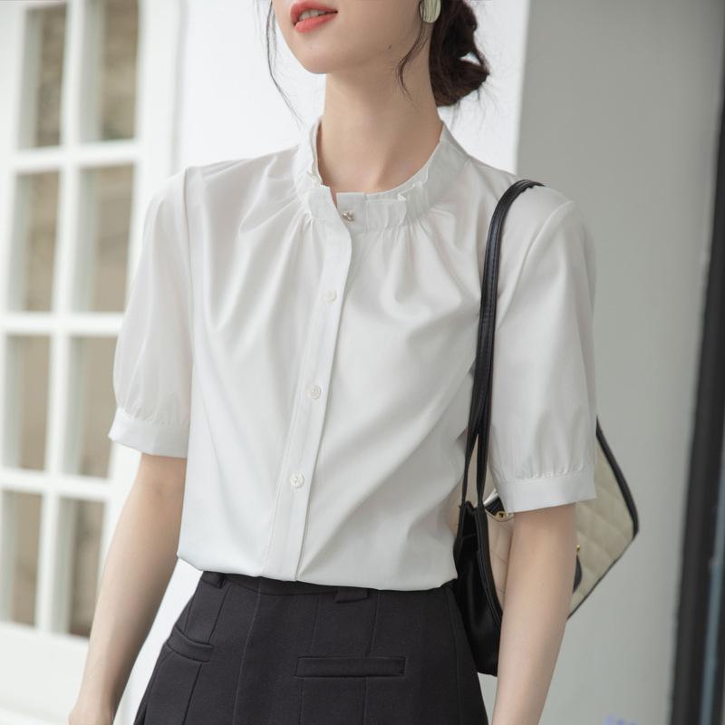 GMXIA Women's Blue Short Sleeve Shirt Summer Tops Premium Feeling Temperament Commuting Interview Career Small Shirt