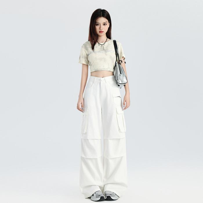 American multi-pocket black overalls women's trendy brand 1116 summer new wide-leg casual trousers