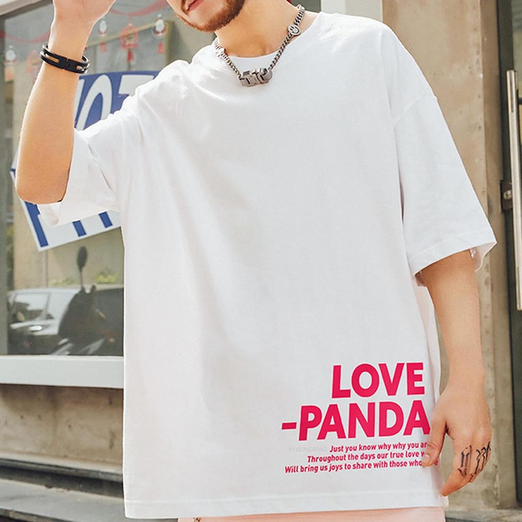 Men's Japanese Casual Love Panda Graphic Printed T-Shirt Streetwear Hip Hop Unisex Sports Tees Shirts