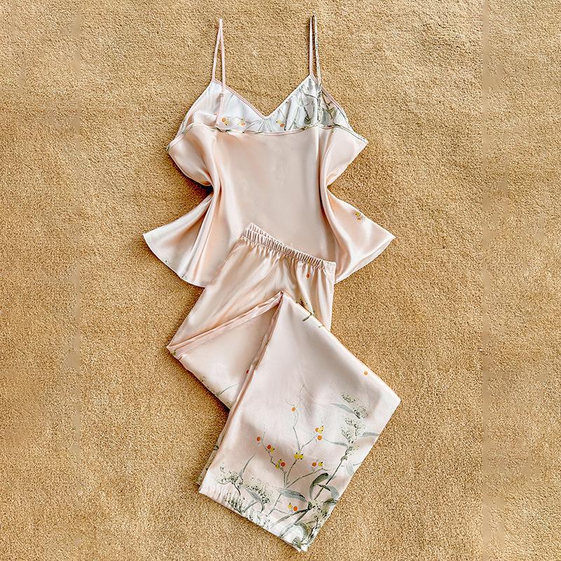 New Silk-like Halter All-season Home Wear Pajamas for Women, Thin and Fashionable Printed Pajamas and Long Pants Set That Can Be Worn Outside