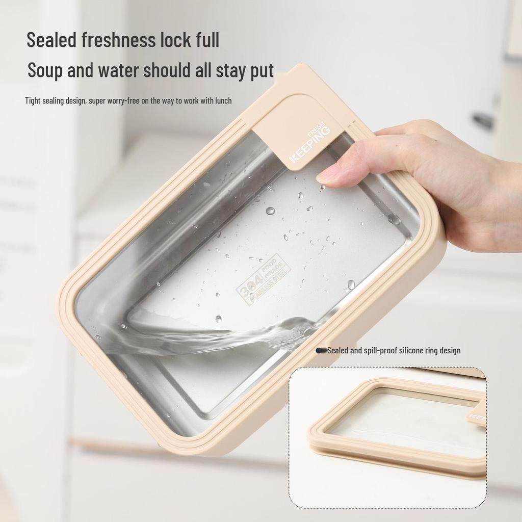 Korean Stainless Steel & Glass Airtight Lunch Box, Square Bento Food Container for Students
