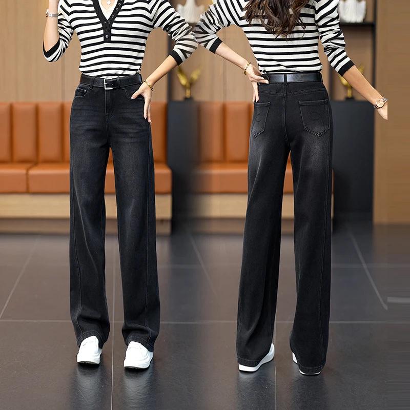 

Women s Black Thick High-Waisted Slimming Wide-Leg Jeans - Trendy Autumn/Winter Style 2XL чёрный
