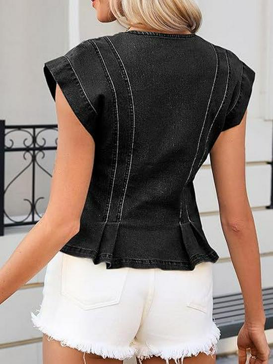 Women's V-neck Button-up Slim Fit Pleated Denim Vest Top