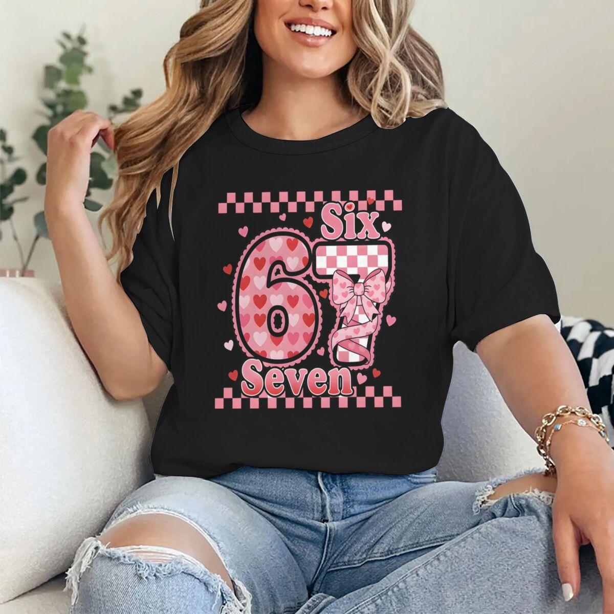 Vintage Grid Number 67 Sweet Coquette Bow Valentine s Day T-shirt Women Men Funny Six Seven Trend Y2K Tees Tops Gift XXS