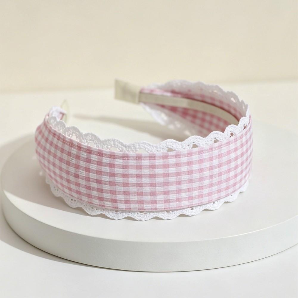 White Lace Trim Wide Plaid Hairband Wide Design White Lace Hair Hoop Casual Outfit