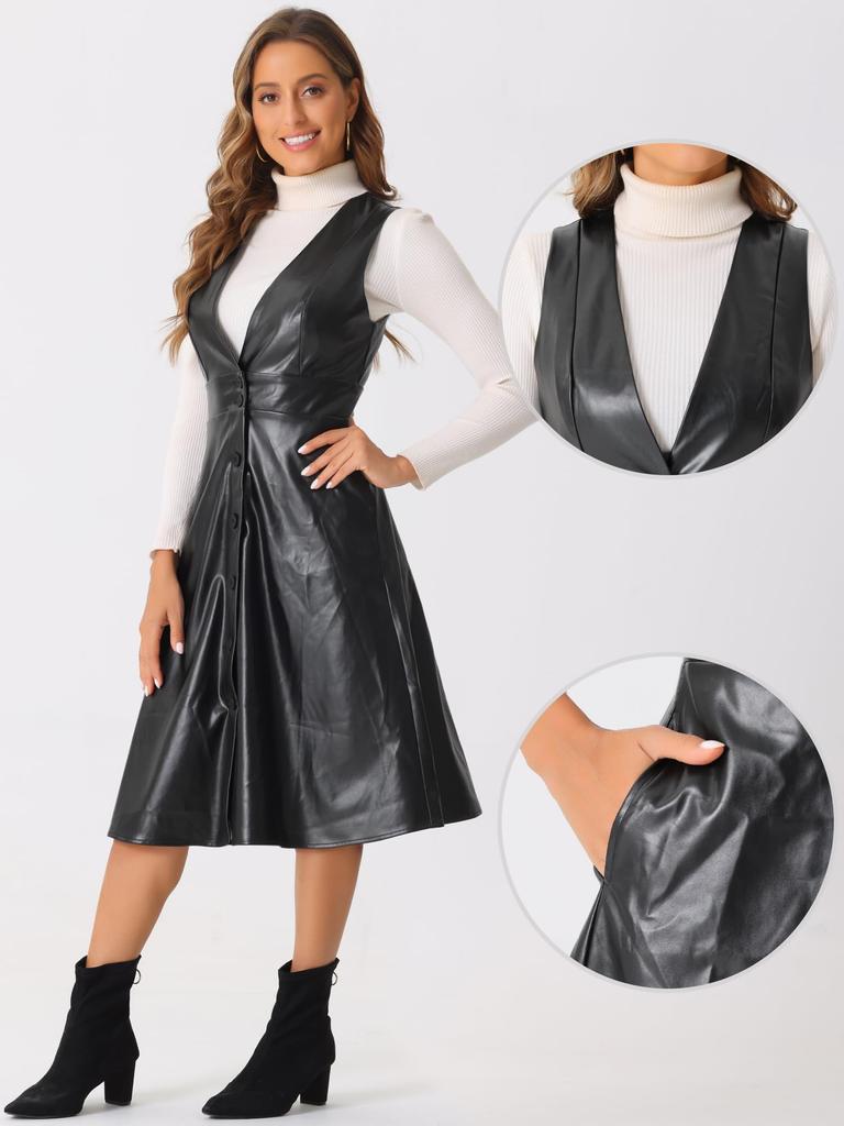 Allegra K Women's Faux Leather V-Neck Dress, Metallic, Sleeveless, Button-Down, Party Midi Dress, Black, Size M