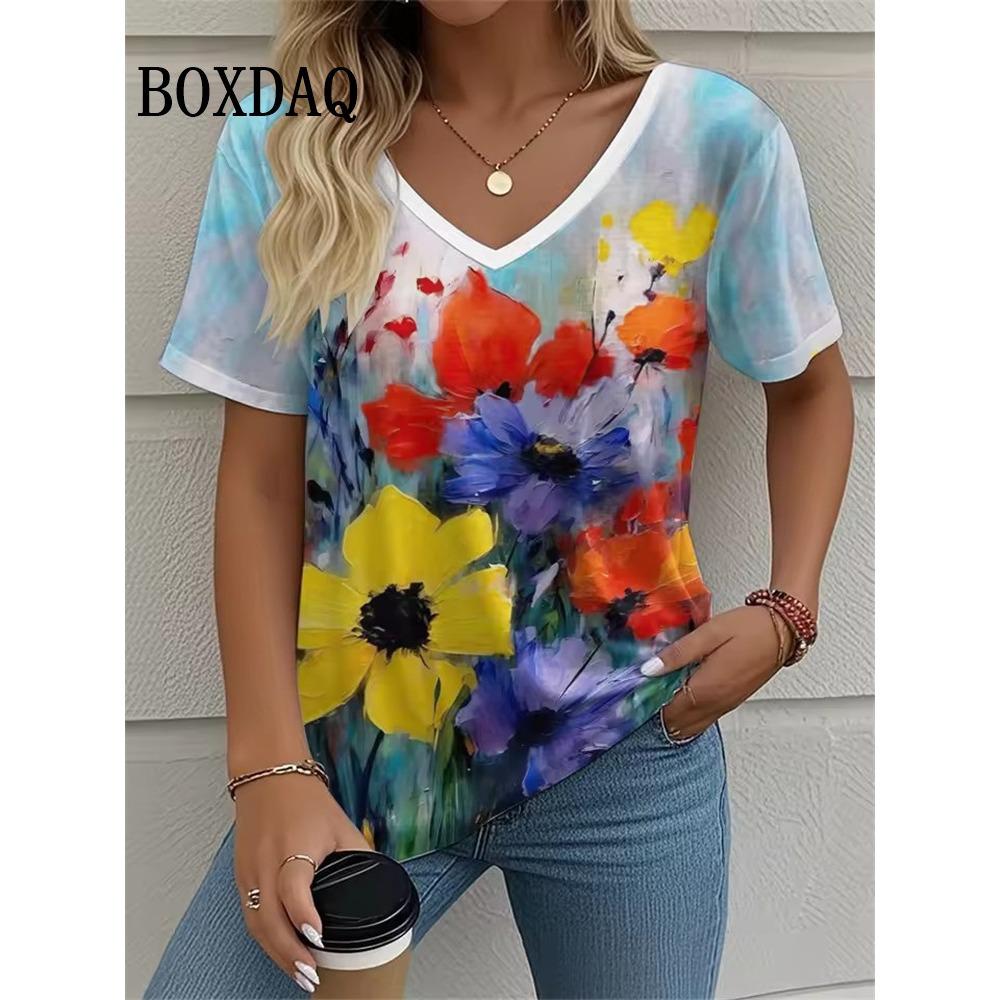 Summer retro floral T-shirt for women, tie dye 3D printed loose short sleeved shirt