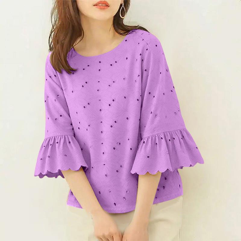 

ZANZEA Женская повседневная блузка с круглым вырезом и ажурным кружевом в стиле пэчворк с рукавом 3/4 4XL фиолетовый