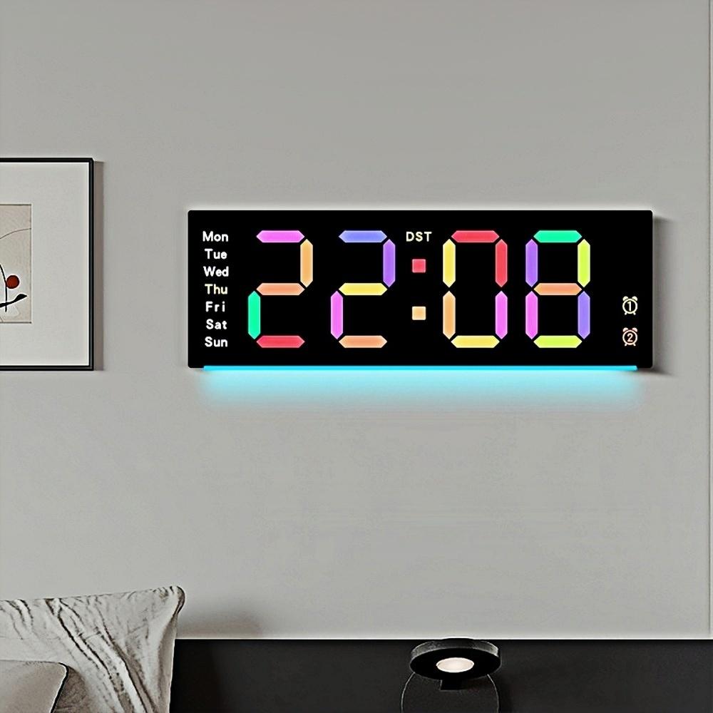 Remote Control Large Digital Wall Clock with 9 Colors Mood Light 2 Alarm Timer Table Clock 12/24H 10 Levels Brightness LED Clock