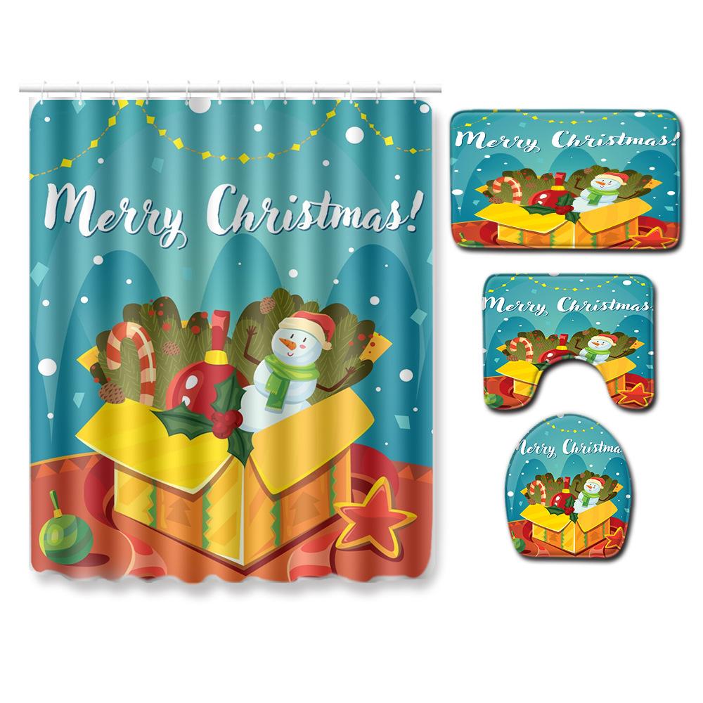 Christmas Shower Curtain Floor Mat Combination Four-Piece Set Bathroom Toilet Carpet Shower Room Mat Foot Mat