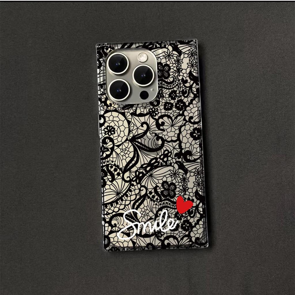 Clear Square Back Tube Case Protection For iPhone 12 14 Pro Max 16 ProMax 13 15 Plus 11 Anti-Oxygen,Black Floral Heart Pattern Casing