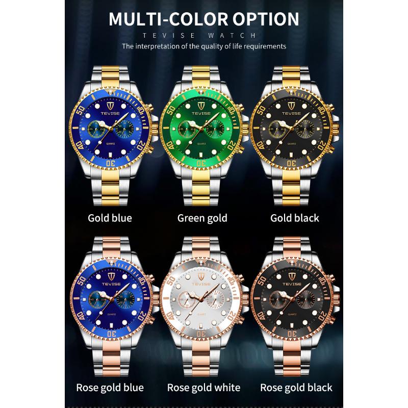 Tevise Men Business Watch Stainless Steel Quartz Watch Date Fashion Casual Watches Sapphire Crystal Watch