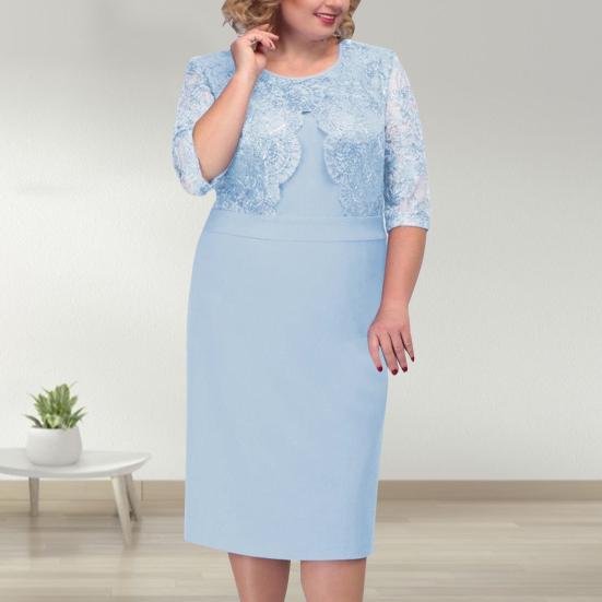 Dámské spodničky větších velikostí dámské šaty O ke krku Falešné dvoudílné krajkové polorukávy Velké dámské šaty střední velikosti Dámské oblečení